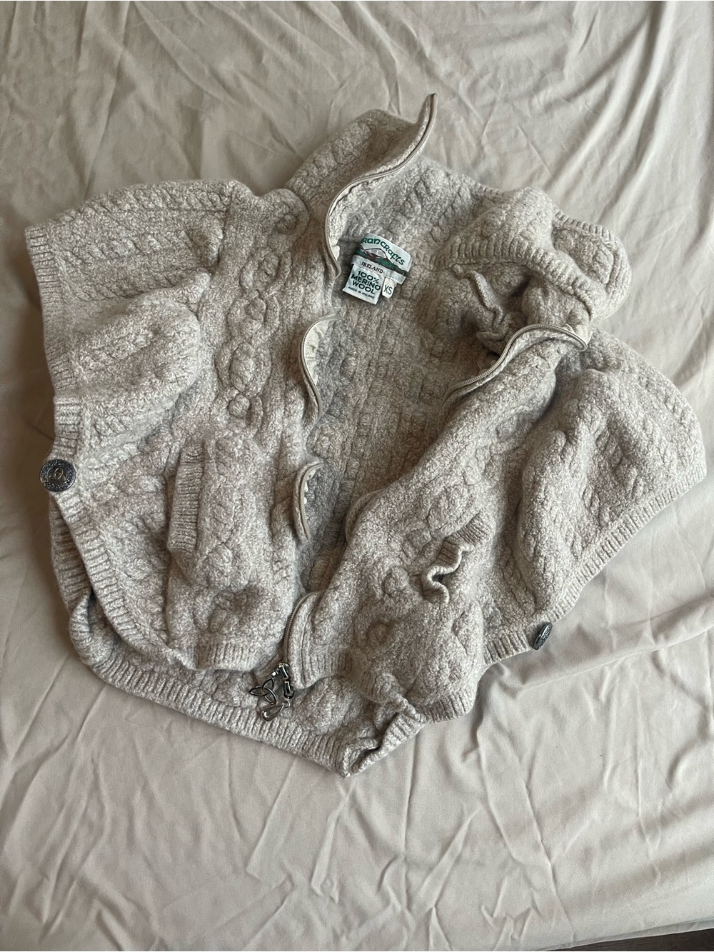 Aran Crafts Cream Cable-Knit Wool Shrug with Hook Closure